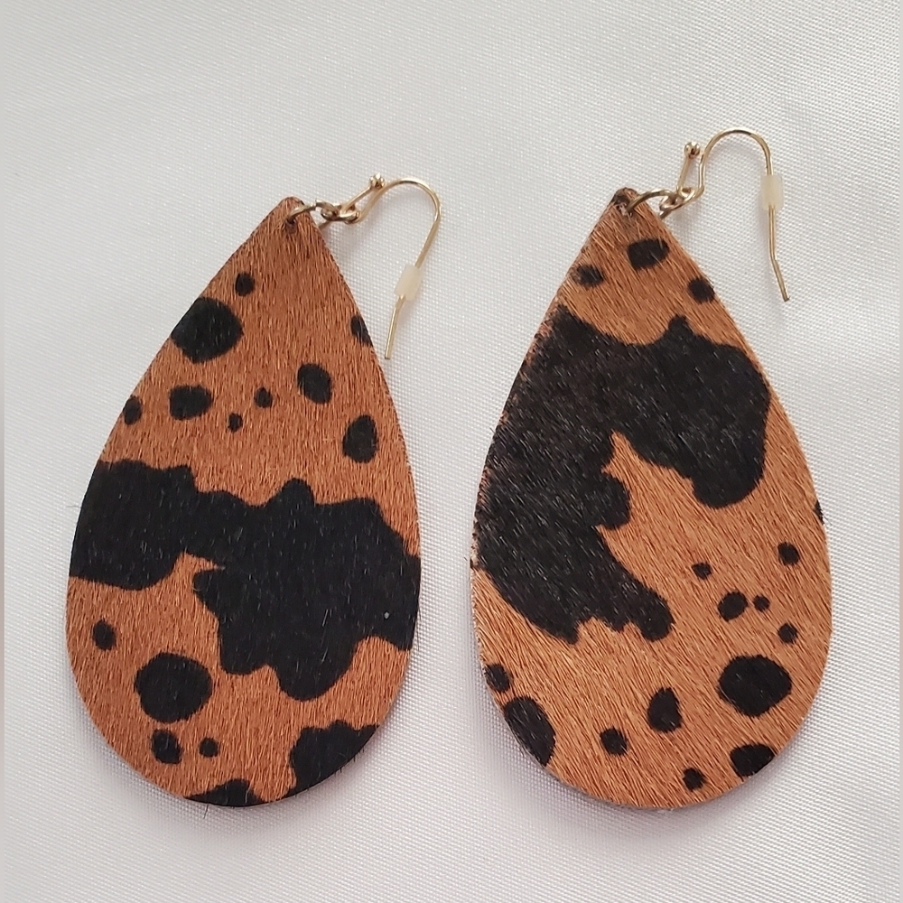 Cow Print Teardrop Earrings Brown and Black Faux Leather Western Lightweight - Picture 2 of 7
